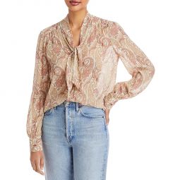 Womens Tie Neck Sheer Button-Down Top