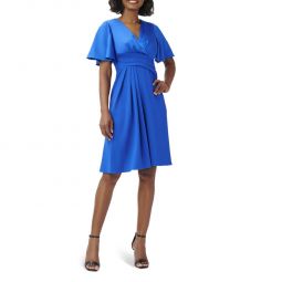 Womens Pleated V Neck Fit & Flare Dress