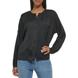 Womens Pleated Banded Neck Button-Down Top