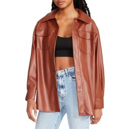 Womens Faux Leather Snap Front Shirt Jacket