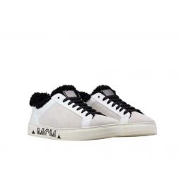 MCM Womens White Milano Suede Black Shearling Low Top Sneaker