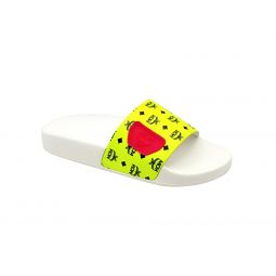 MCM Womens White / Neon Yellow Logo Leather Rubber Slides Sandals (36 EU / 6 US)