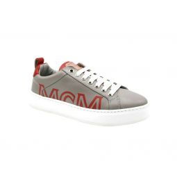 MCM Womens Grey Leather With Red Trim And Logo Low Top Sneaker