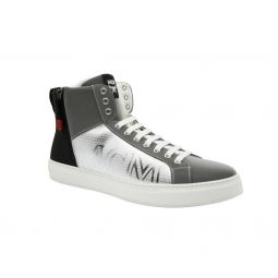 MCM Mens Silver / Black Reflective Leather Logo Hi Top Sneaker (42 EU / 9 US)