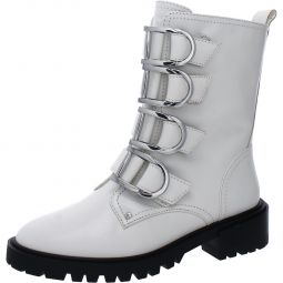 Frishea Womens Leather Buckles Combat & Lace-up Boots