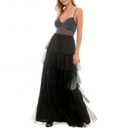 Juniors Womens Lace Up Back Tiered Evening Dress
