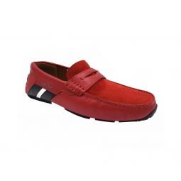 Bally Mens Red Piotre Leather / Suede With Black / White Web Logo Slip On Loafer Shoes