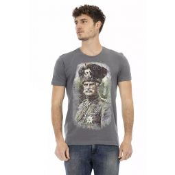 Trussardi Action Elegant Gray Round Neck Tee with Front Mens Print
