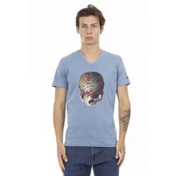 Trussardi Action Chic Light Blue V-Neck Tee with Front Mens Print