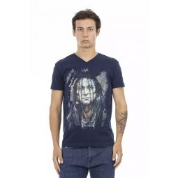 Trussardi Action Chic Blue V-Neck Tee with Bold Front Mens Print