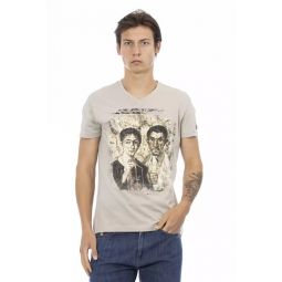 Trussardi Action Chic Beige V-Neck Tee With Front Mens Print