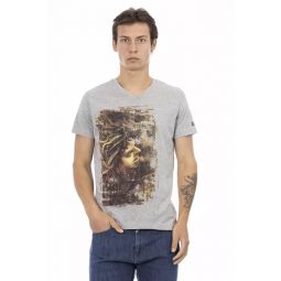 Trussardi Action Chic Gray V-Neck Tee with Stylish Front Mens Print