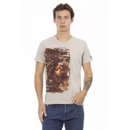 Trussardi Action Beige V-Neck Tee with Chic Front Mens Print