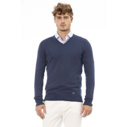 Baldinini Trend Elegant V-Neck Ribbed Blue Mens Sweater