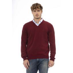Sergio Tacchini Classic Burgundy Wool V-Neck Mens Sweater