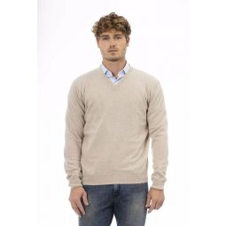 Sergio Tacchini Elegant Beige Wool V-Neck Mens Sweater