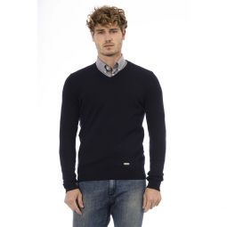 Baldinini Trend Elegant Blue V-Neck Wool-Blend Mens Sweater