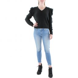 Womens Ribbed Trim V-Neck Pullover Sweater