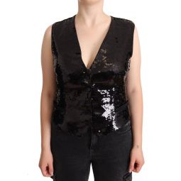 Dolce & Gabbana Black Sequin V-Neck Sleeveless Vest Tank Womens Top