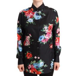 Dolce & Gabbana Black Floral Print Collared Polo Blouse Womens Top