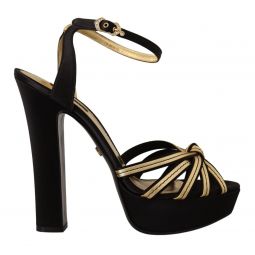Dolce & Gabbana Black Gold Viscose Ankle Strap Heels Sandals Womens Shoes