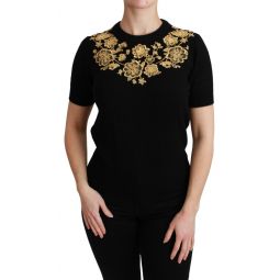 Dolce & Gabbana Black Cashmere Gold Floral Sweater Womens Top