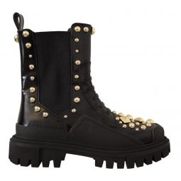 Dolce & Gabbana Studded Leather Combat Boots with Womens Embroidery