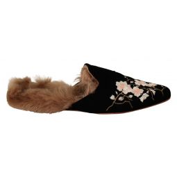 GIA COUTURE Chic Black Velvet Floral Embroidered Womens Slides