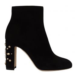 Dolce & Gabbana Black Suede Leather Crystal Heels Boots Womens Shoes