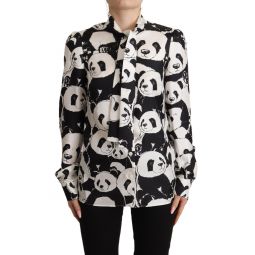 Dolce & Gabbana Black White Panda Print Silk Ascot Collar Womens Top