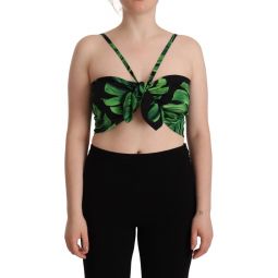 Dolce & Gabbana Black Green Leaf Silk Halter Cropped Womens Top