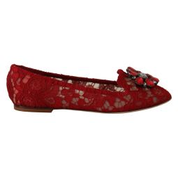 Dolce & Gabbana Radiant Red Lace Ballet Flats with Crystal Womens Buckle