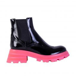 Alexander McQueen Black Leather Fluo Pink Sole Chelsea Womens Boots