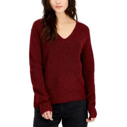 Womens V Neck Ribbed Trim Pullover Sweater