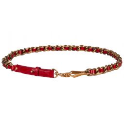 Miu Miu Red Narrow Leather Aged Distressed Gold Curb Chain Belt-