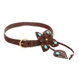 Miu Miu Brown Leather Turquoise Bead Floral Applique Belt-