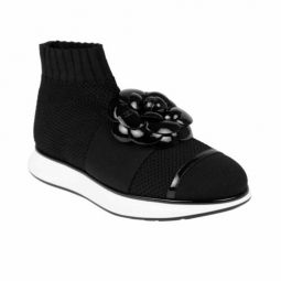 CHANEL Black Knit And Patent Flower Sock Sneakers 5.5/36.5
