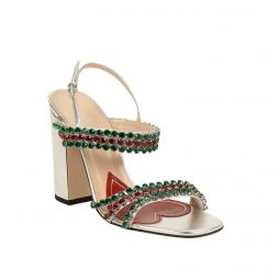 GUCCI Silver Leather With Red And Green Crystals Sandals 8/38