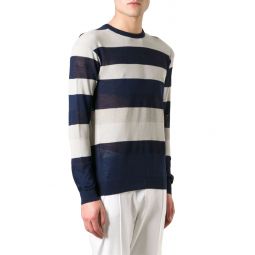 Z ZEGNA Mens Navy Blue Gray Striped Cotton Linen Crewneck Sweater Pullover