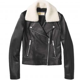 Michael Michael Kors Black Leather Jacket with Shearling Collar