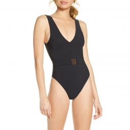 Tory Burch Womens Solid Black Miller Plunge One Piece Swimsuit