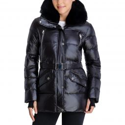 Michael Michael Kors Womens Black Belted Faux Fur Collar Down Coat Jacket
