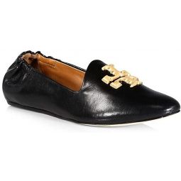 Tory Burch Womens Black Leather Eleanor Logo Buckle Flats Loafers Shoes