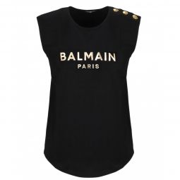 Balmain Womens Black Cotton T-Shirt Tank with Gold Foil Logo