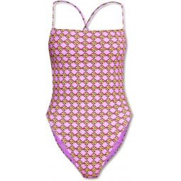 Tory Burch Womens Lavender Purple 3D Checkered One Piece Swimsuit Drawstring Back