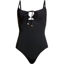 Tory Burch Womens Solid Black Ruched Tie Front One Piece Swimsuit