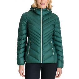 Michael Michael Kors Womens Green Chevron Double Layer Zipper 3/4 Hooded Packable Coat