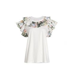 See by Chloe Womens Floral Ruffle Trim White Short Sleeve Cotton T-Shir