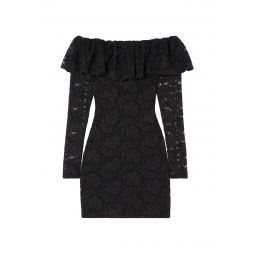 Caroline Constas Alessia Solid Black Off-The-Shoulder Ruffled Stretch-lace Mini Dress