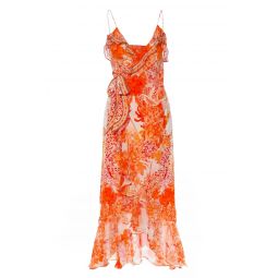 Camilla Womens Long Wrap Dress with Frill, Dragon Mother, Orange, Print